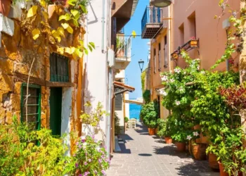Beautiful street in Chania, Crete island, Greece.