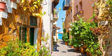 Beautiful street in Chania, Crete island, Greece.