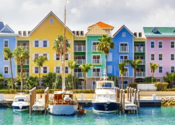 Colorful homes of Nassau coastline, Bahamas