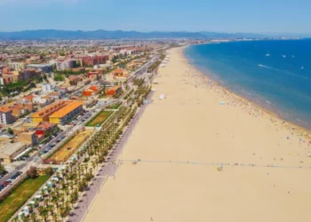 Aerial view Valencia Malvarrosa beach Spain