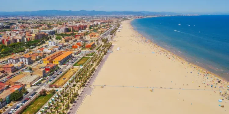 Aerial view Valencia Malvarrosa beach Spain