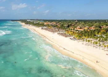 Playa del Carmen white sand beach and luxury hotels seen from above – Mexico expat lifestyle