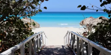 Wooden path to tropical beach with white sand. Picturesque view through green plants to ocean coast, tourist resort on sunny island