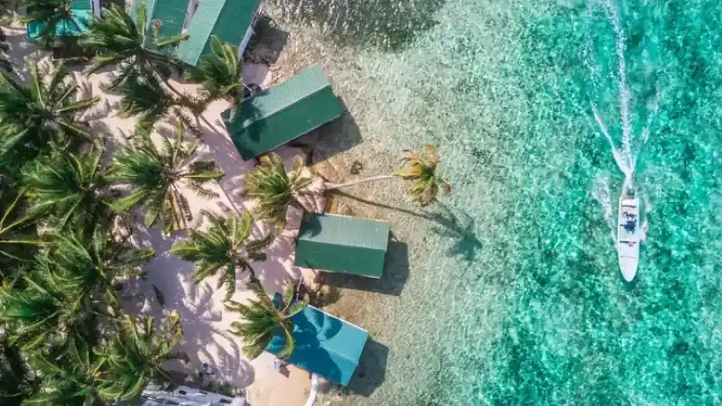 Aerial drone view of Tobacco Caye small Caribbean island with palm trees and bungalows in the Belize Barrier Reef AdobeStock/Duarte