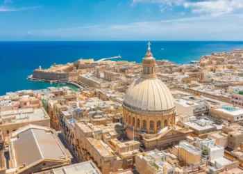 Aerial view of Lady of Mount Carmel church, St.Paul's Cathedral in Valletta city, Malta.