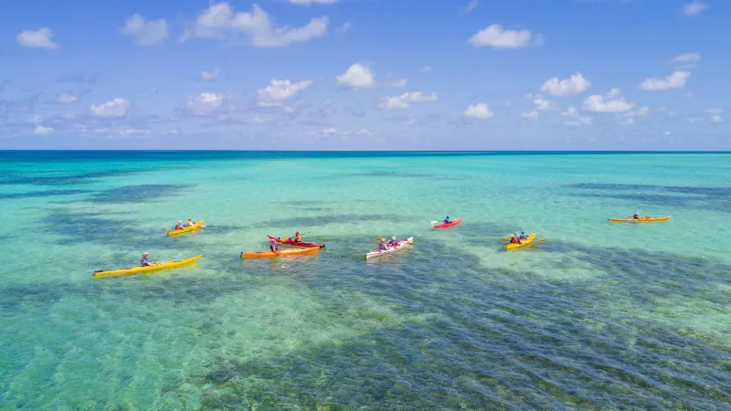 Aerial view of tropical island at Glover's Reef Atoll in Belize with a group of kayakers