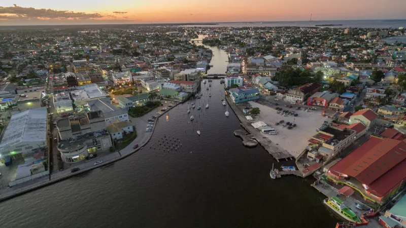 Caribbean Sea and Belize Cityscape. Evening light.