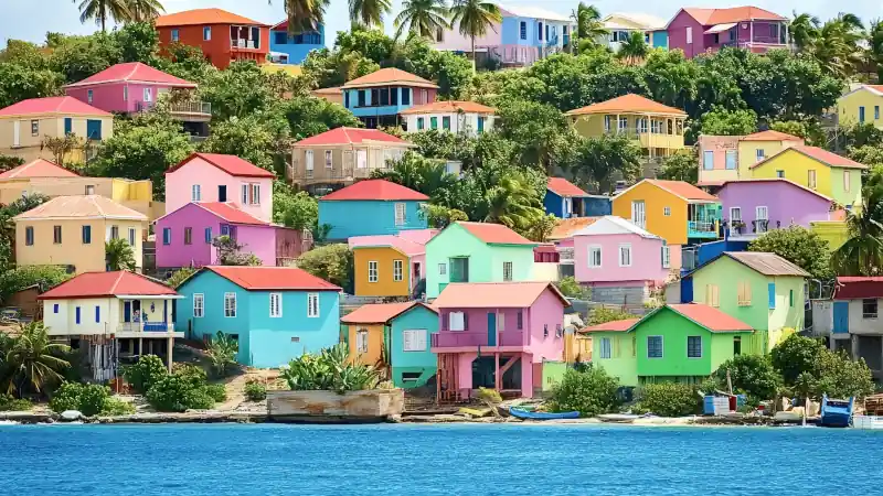 Vibrant houses climb a lush hillside on the idyllic island of caye caulker, belize, creating a picturesque scene of caribbean charm and tropical living