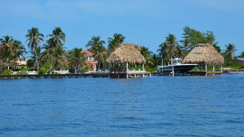 View from boat tropical beach resort in Ambergris Caye Belize