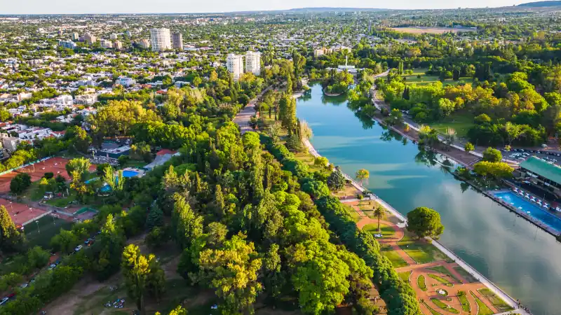 Aerial City View of Mendoza Urban Center, Argentina on Clear Daylight, Buildings Architecture and Green Treetops of Famous Vineyards Travel Destination