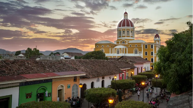 Cathedral and Calle La Calzada at sunset, Granada, Nicaragua