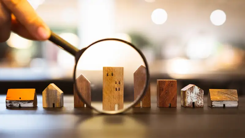 Hand holding magnifying glass and looking at house model, house selection, real estate concept