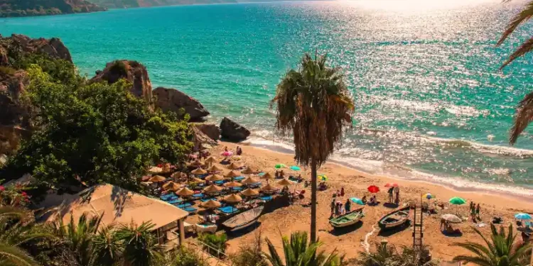 Nerja, Málaga. Sunny view of the Mediterranean Sea from Costa del Sol. With clean water, people at the sand and giant palm trees.
