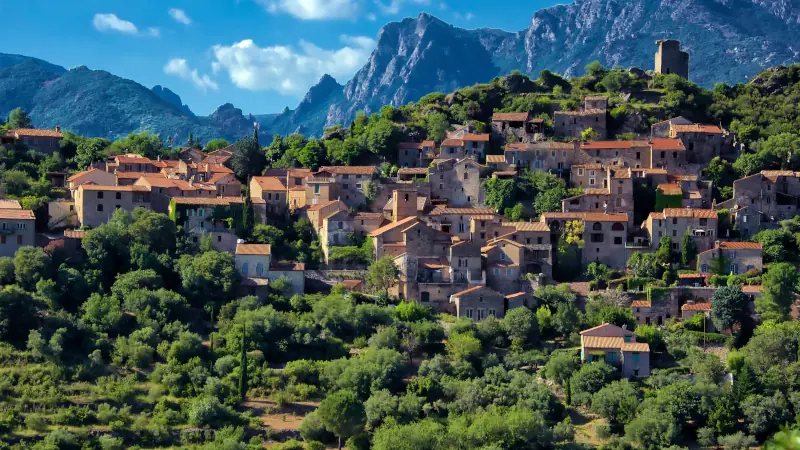 Vineyards and mountains in the Saint Chinian wine region of the Languedoc, south of France