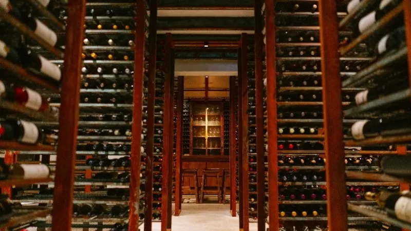 **Alt text:**
Wine cellar with rows of wooden racks filled with wine bottles, leading to a cozy tasting area with chairs and a lit display cabinet.