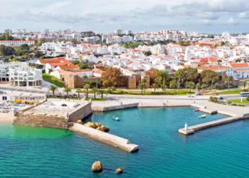 Aerial from the city Lagos with the Forte da Bandeira in Portuga