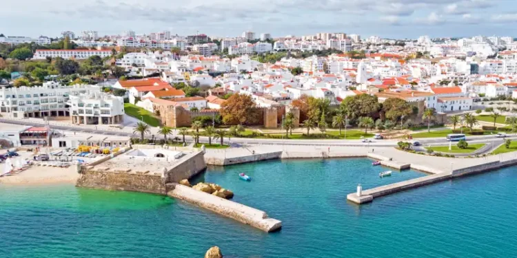Aerial from the city Lagos with the Forte da Bandeira in Portuga
