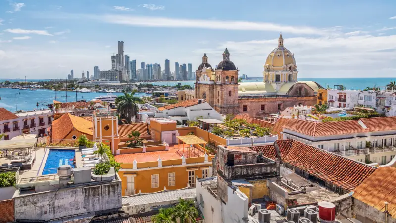 View of the St. Peter Claver church and the old town in Cartagena, Colombia