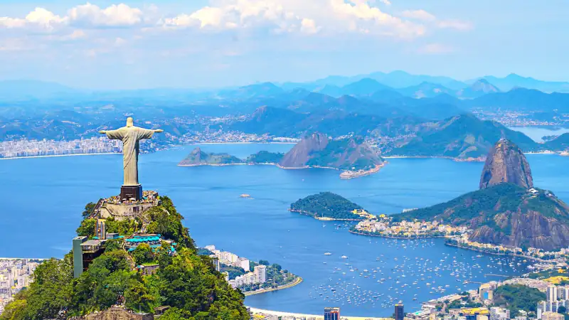 Aerial view of Rio de Janeiro with Christ Redeemer and Corcovado Mountain. Brazil. Latin America, horizontal