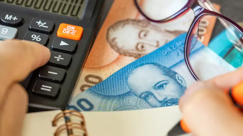 Chilean money. Financial settlements in Chile. Financial analysis, tax calculation, risk costs, business project. Chilean peso, close up.