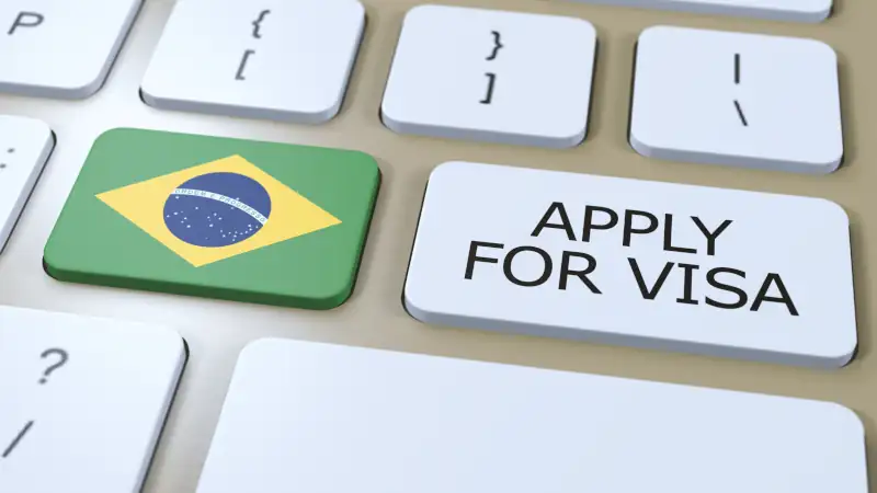 Brazil, Apply for Visa Concept. Button Push 3D Illustration. Visa Apply for Country or Government with National Flag