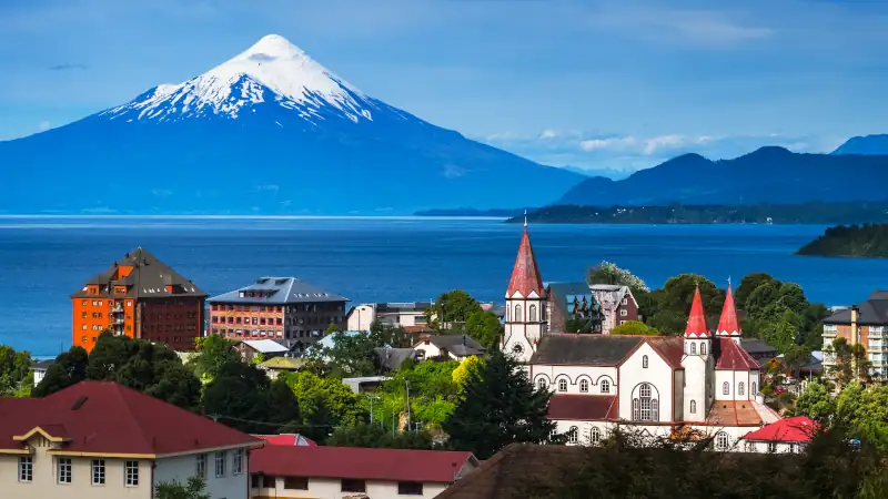 City of Puerto Varas with volcano of Osorno on the background. Chile