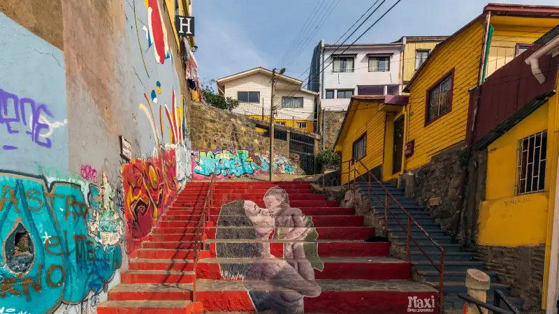 Closeup of a colorful staircase in the UNESCO World Heritage city of Valparaiso, Chile