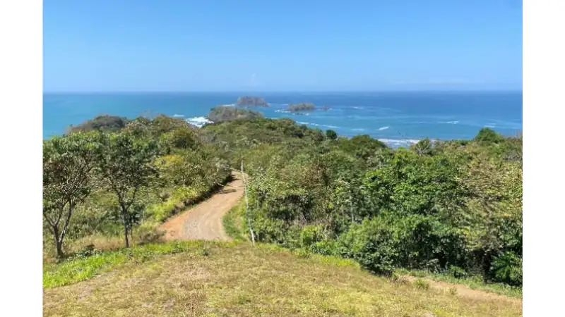 Scenic coastal trail overlooking lush vegetation, rocky islands, and the blue ocean.
