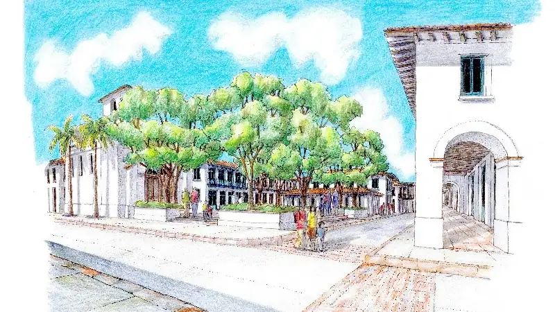 Architectural illustration of a colonial-style town square with shaded walkways, large trees, and pedestrian-friendly streets.