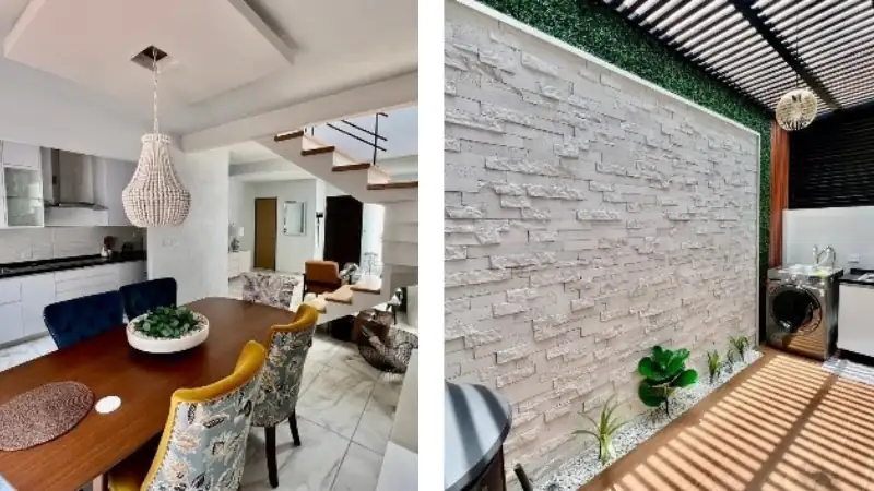Modern home interior featuring a stylish dining and living area alongside a bright, semi-outdoor laundry space with decorative finishes and natural lighting.