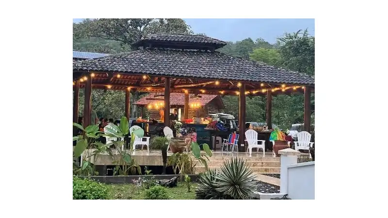 Open-air beach bar with string lights, surrounded by lush greenery and plastic chairs, during early evening.