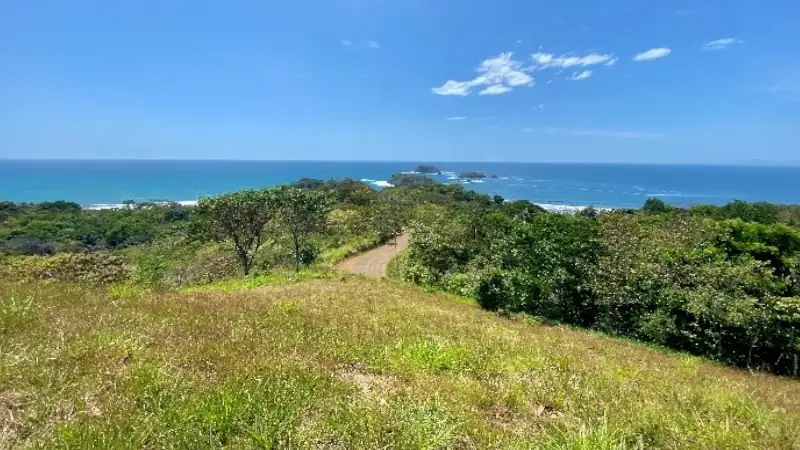 Panoramic coastal view of Los Islotes with tropical greenery, rolling hills, and rocky islets surrounded by the Pacific Ocean under a clear blue sky.
