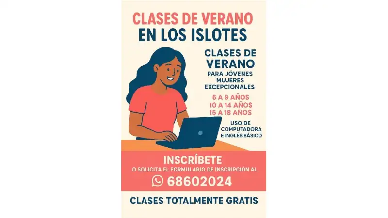 Poster for free summer classes at Los Islotes, offering computer and basic English lessons for girls aged 6 to 18.
