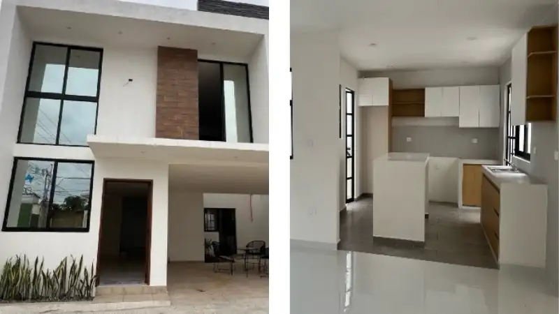Modern two-story house exterior with clean lines and large windows, shown alongside a minimalistic kitchen interior featuring white and wood-tone cabinetry with natural lighting.