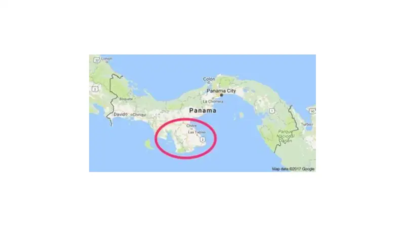 Map of Panama with the Los Islotes region circled in red on the Azuero Peninsula.