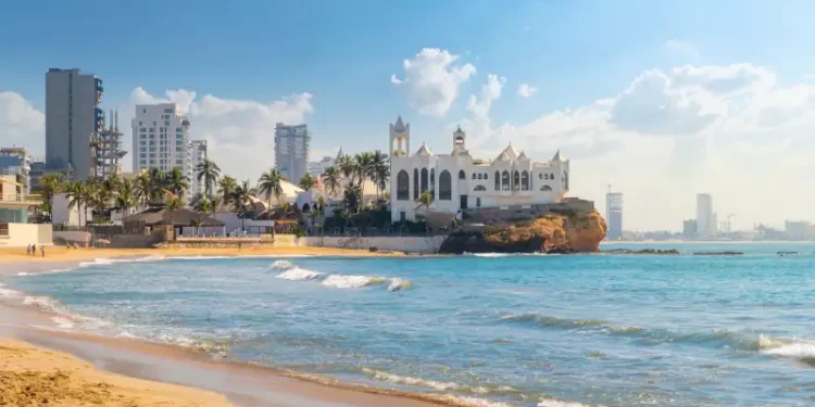 The sandy beach and resorts along the Playa Gaviotas beach at the Golden Zone of the Sinaloa Rivera, at Mazatlan, Mexico.