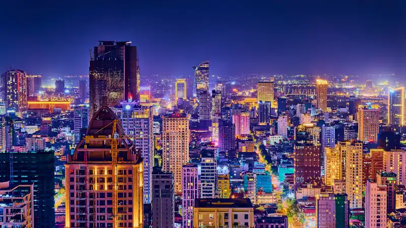skyline at night in phnom penh city capitall of cambodia