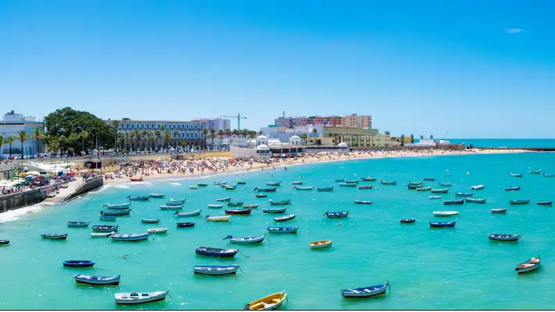 Boats docked in the Spanish bay of Cadiz