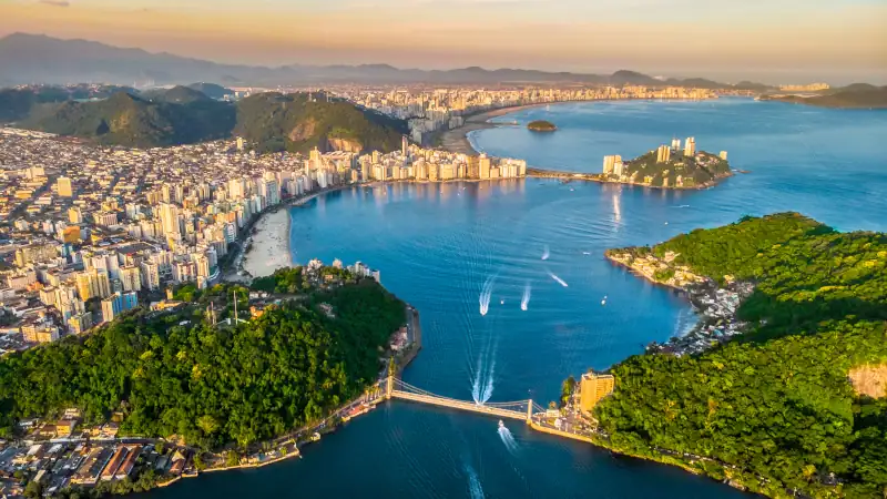 View of drone from the bay of São Vicente with Santos to the bottom in the state of São Paulo - Brazil.
