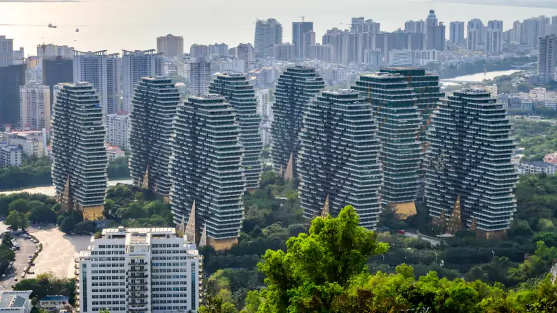 Aerial view of the Beauty Crown Grand Tree Hotel looks like forest in Sanya, Hainan, China