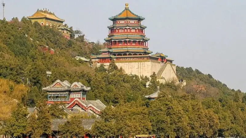 A hillside with two temples in China. china facts and figures