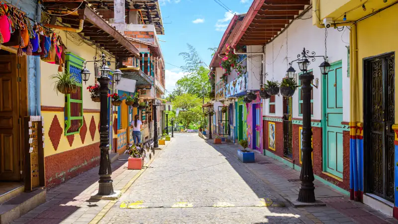 colorful street of guatape colonial town, colombia