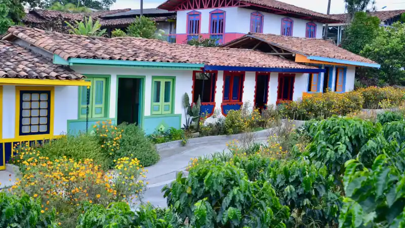 Colourful coffee farm houses in Armenia, Quindio, Colombia