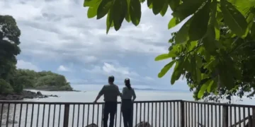 Lief and Kathleen standing together on a wooden viewing deck, gazing out over a calm ocean surrounded by lush greenery and a cloudy sky.