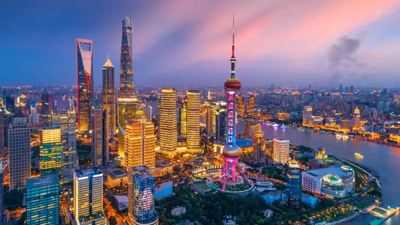 Aerial view of Shanghai skyline at night,China.