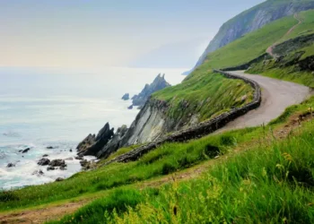 Road along the scenic coast of western Ireland. Slea Head, Dingle peninsula, County Kerry.