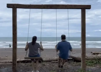 Lief and Kathleen swinging on a wooden swing set by the beach, facing the ocean with waves and palm trees in the background.