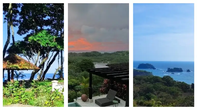 Three tropical landscape scenes: a beach hut, a sunset view over greenery, and ocean islands.
