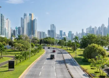 view of balboa avenue in panama city panama central america with the skyline of skyscrapers in the background