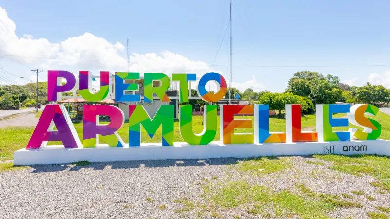 Panama, puerto Armuelles town, colored welcome sign of the town